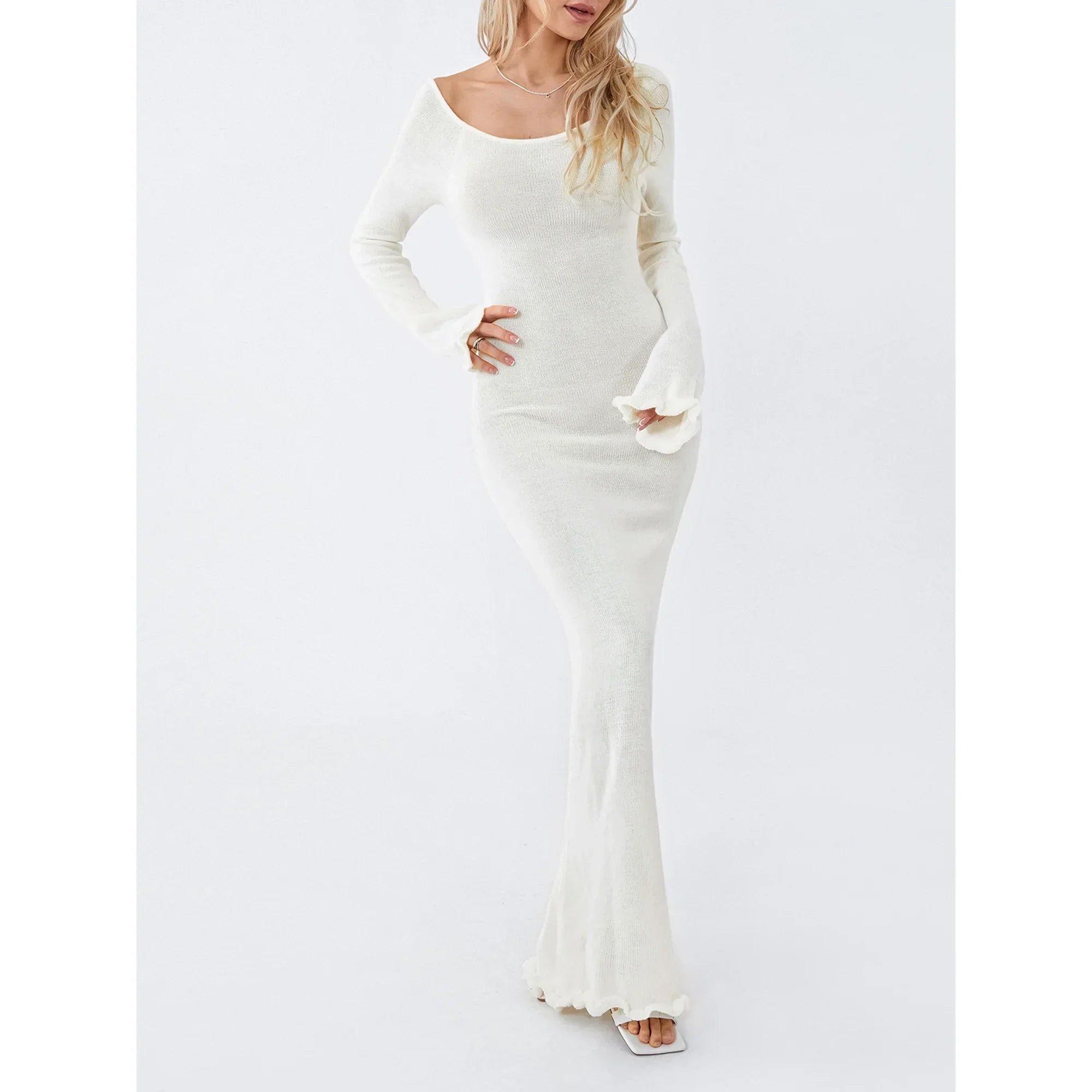 Long Sleeve Knitted Maxi Dress In White
