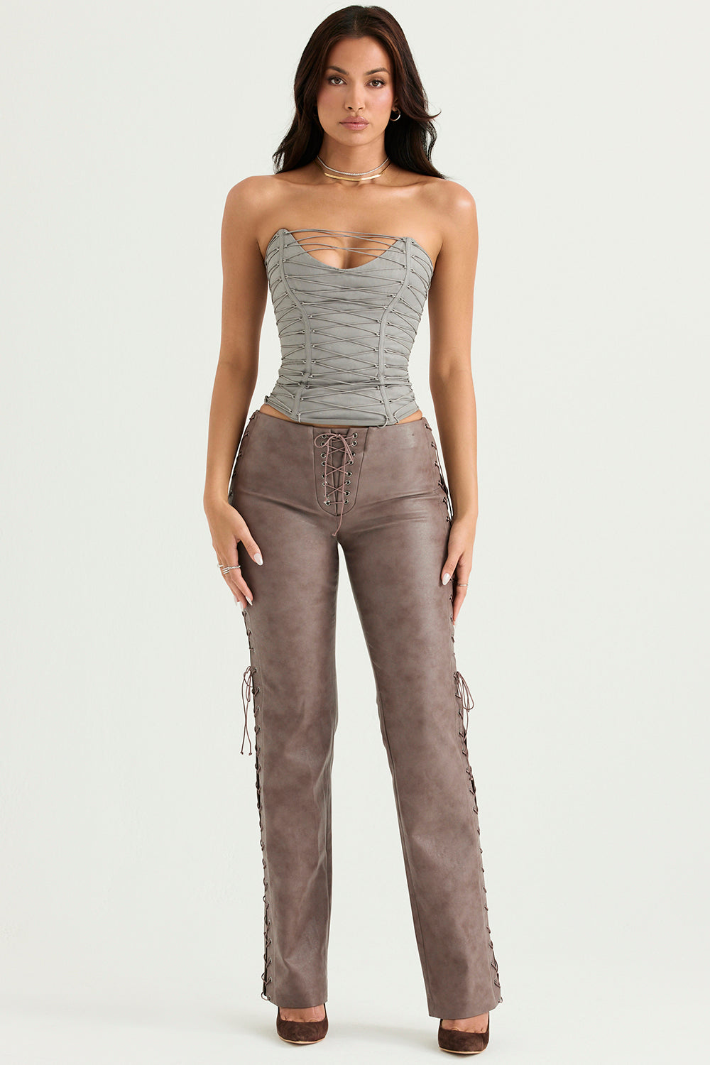 Smoke lace up corset with mocha vegan leather lace up pants