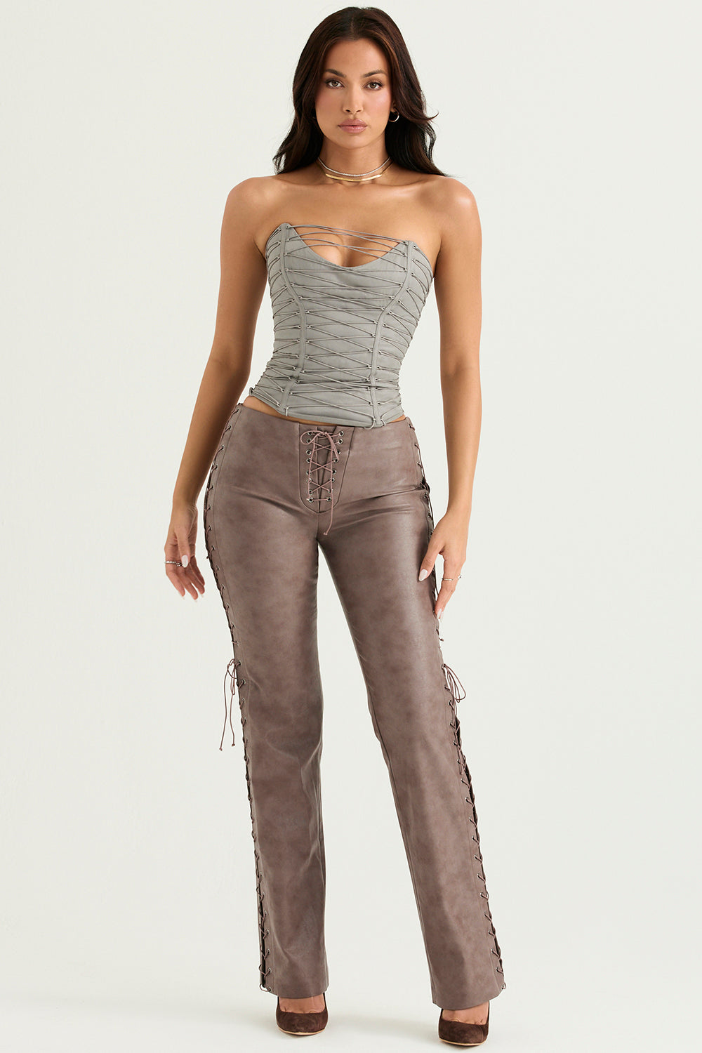 Smoke lace up corset with mocha vegan leather lace up pants