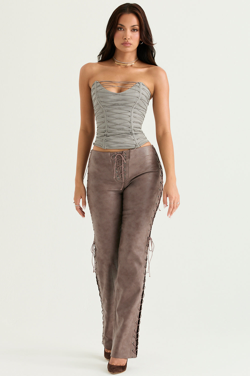 Smoke lace up corset with mocha vegan leather lace up pants