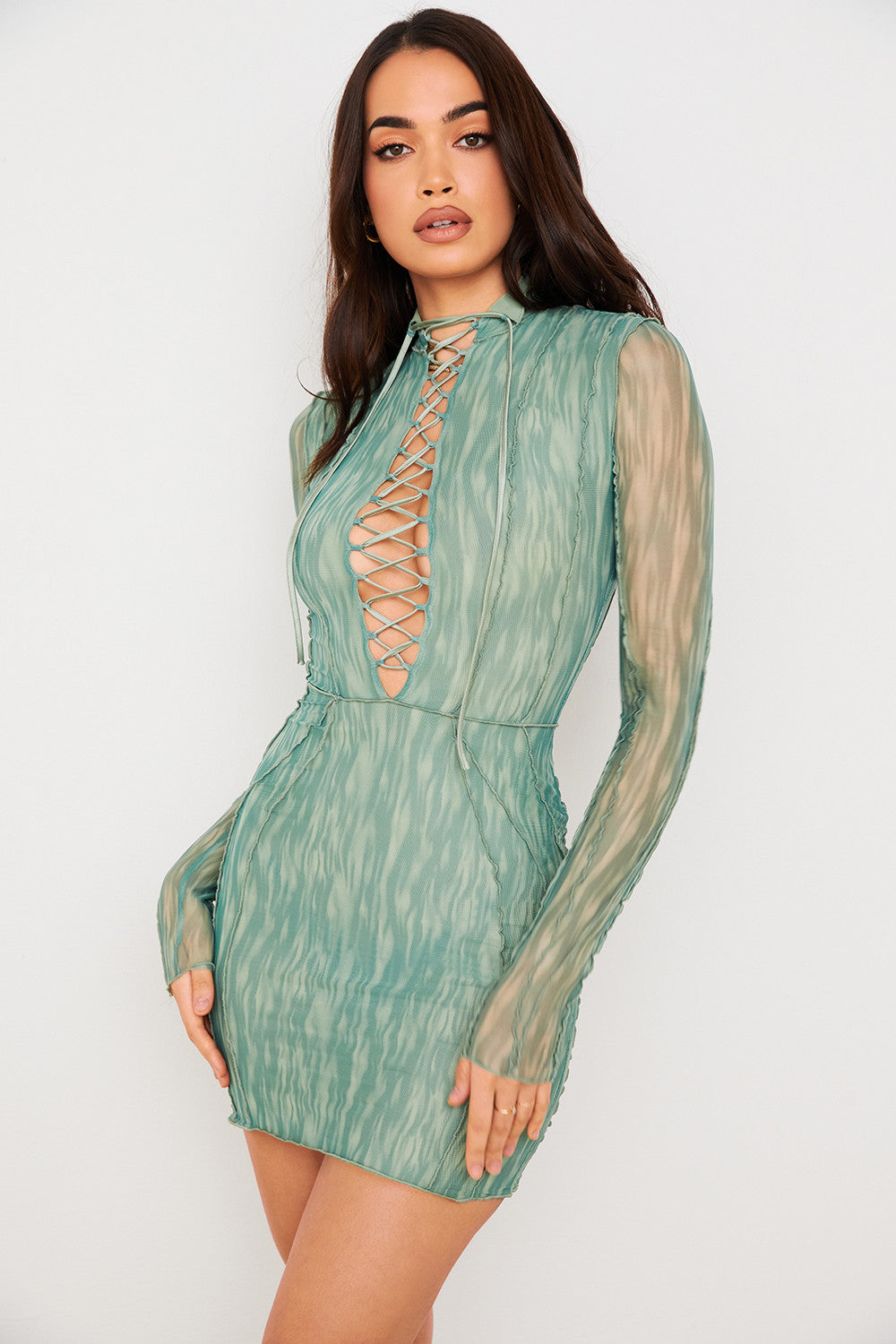 Printed mesh mini dress with laces