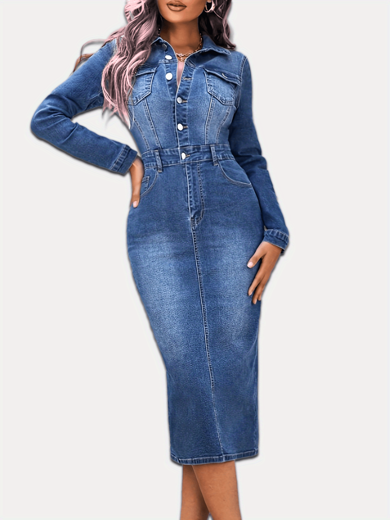 Blue denim dress with long sleeves