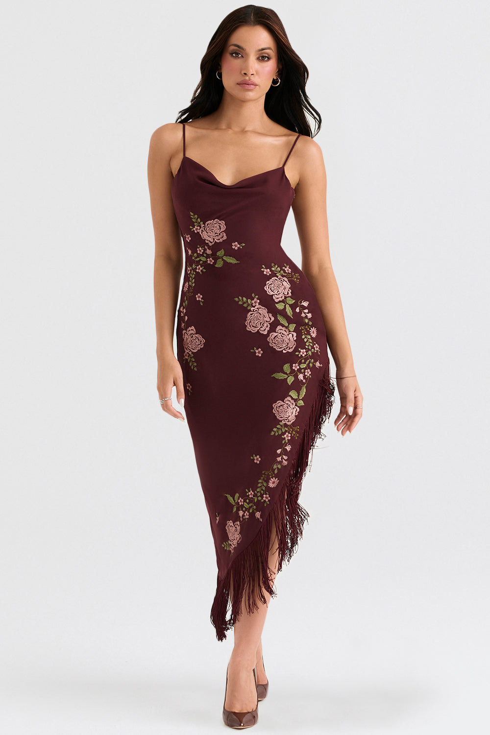 Wine-colored midi dress with embroidery