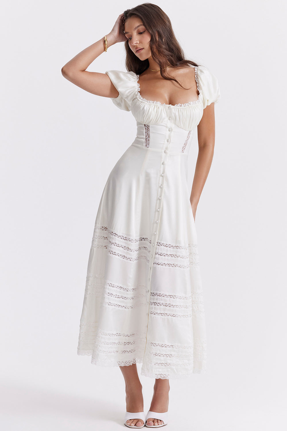 Ivory-colored dress made of real silk with puff sleeves