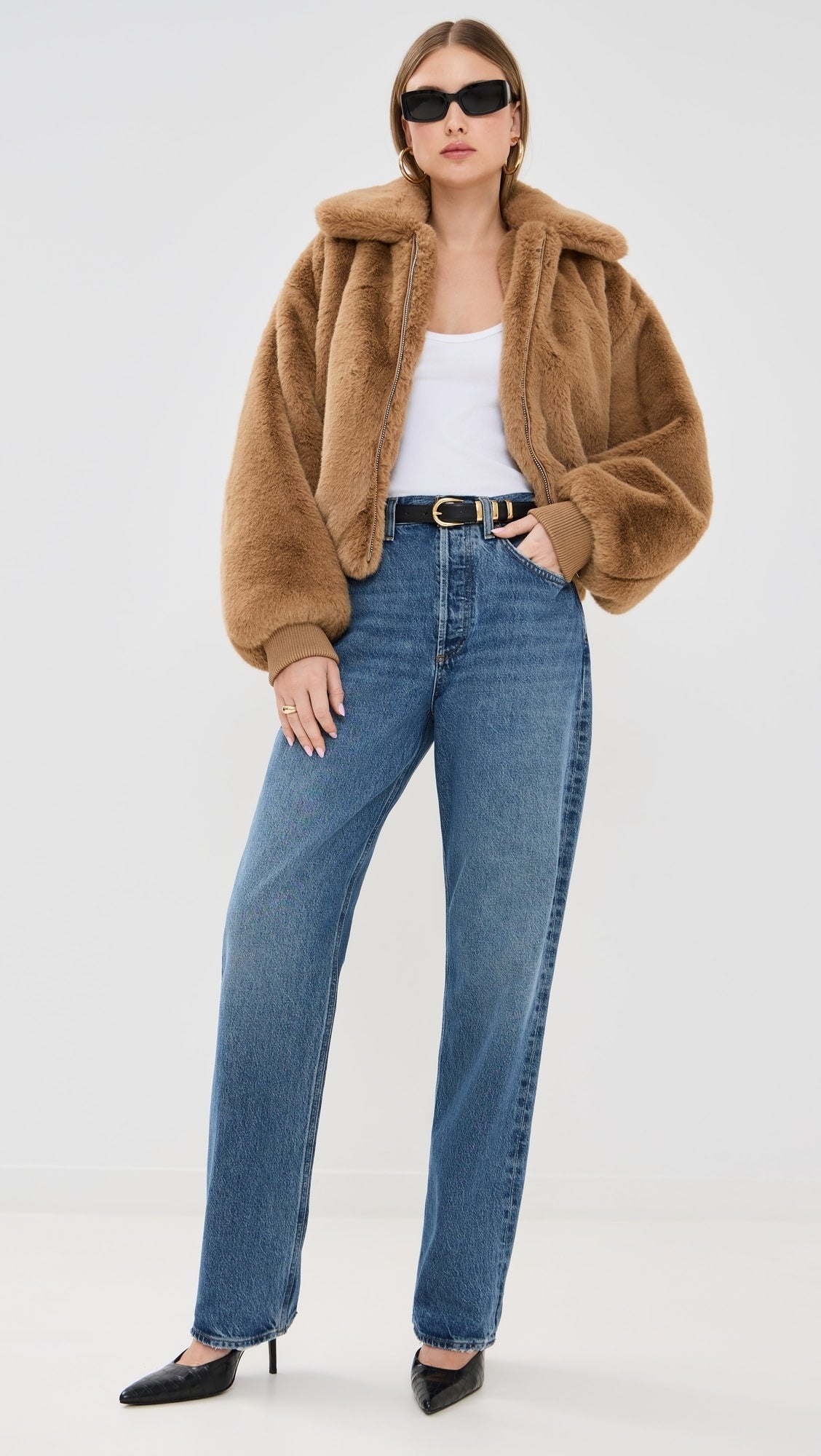 Fluffy Brown Jacket With Polo Collar And Zipper