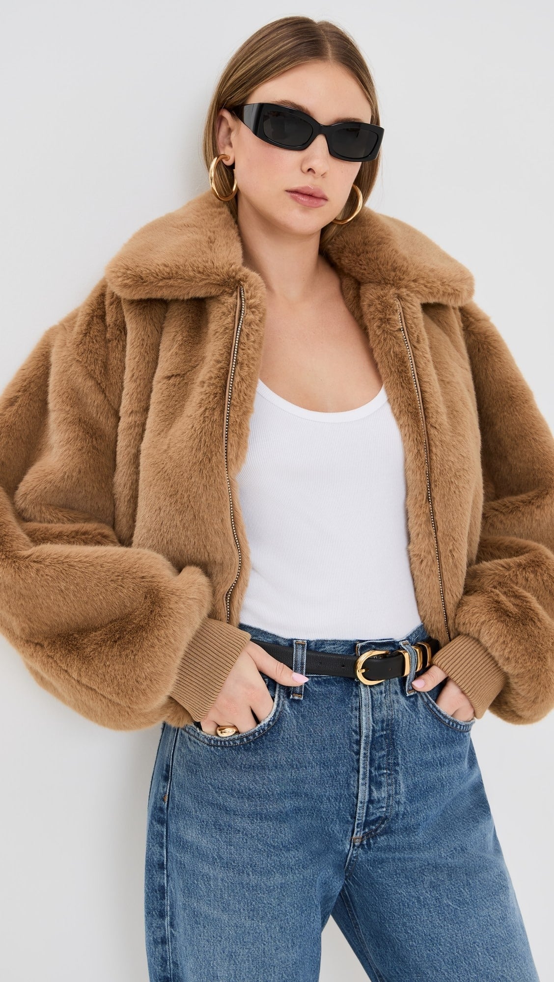 Fluffy Brown Jacket With Polo Collar And Zipper