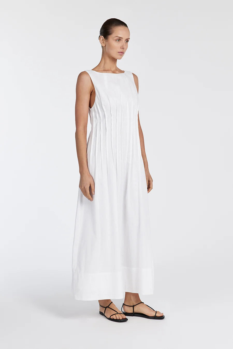 Elegant White Linen Cotton Midi Dress