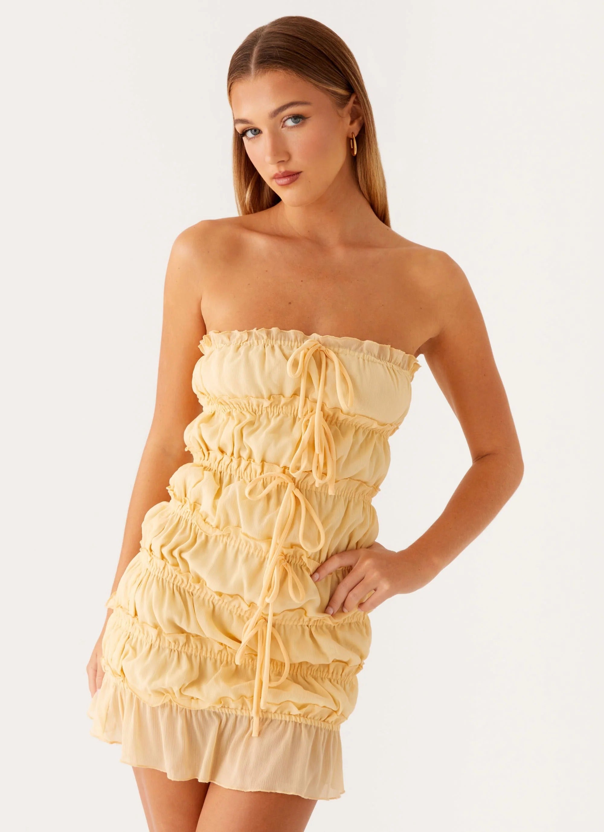 Yellow Bowknot Lace-up Tube Mini Dress