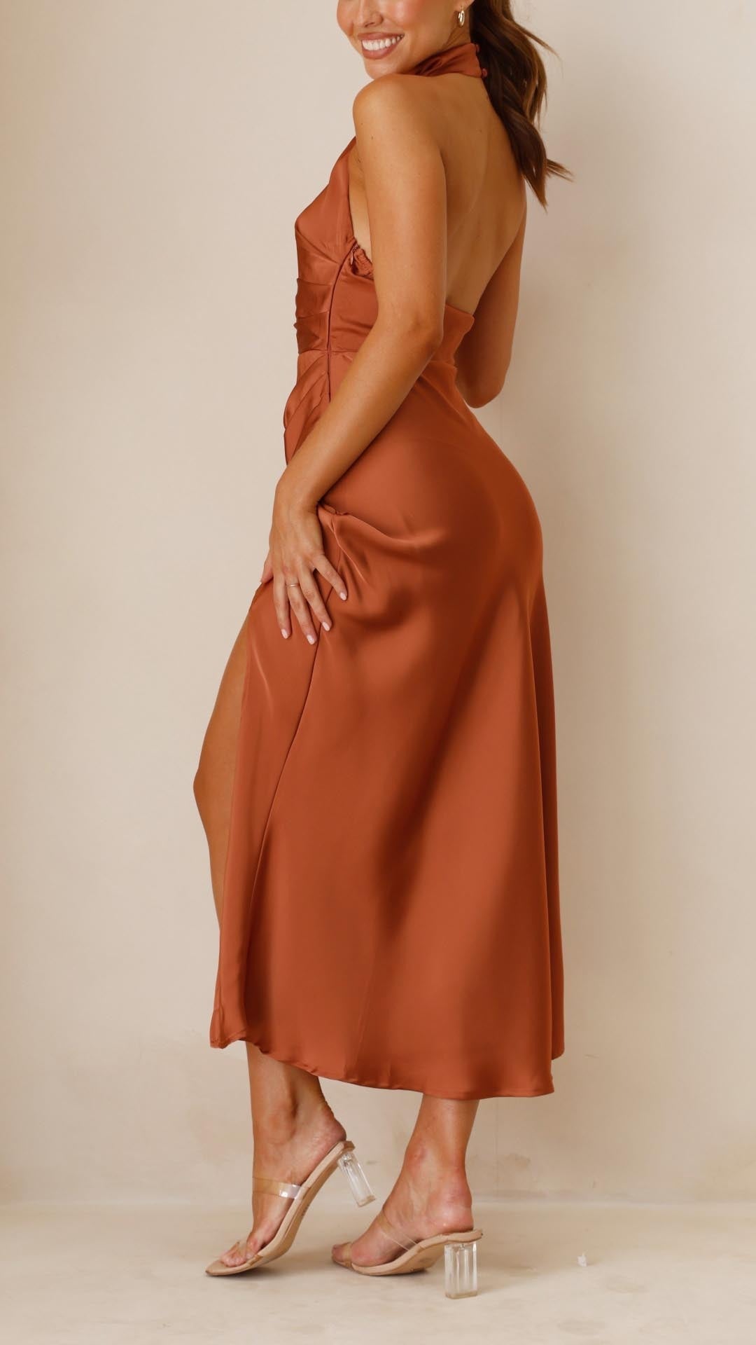 Copper High Neck Gathered Satin Maxi Dress