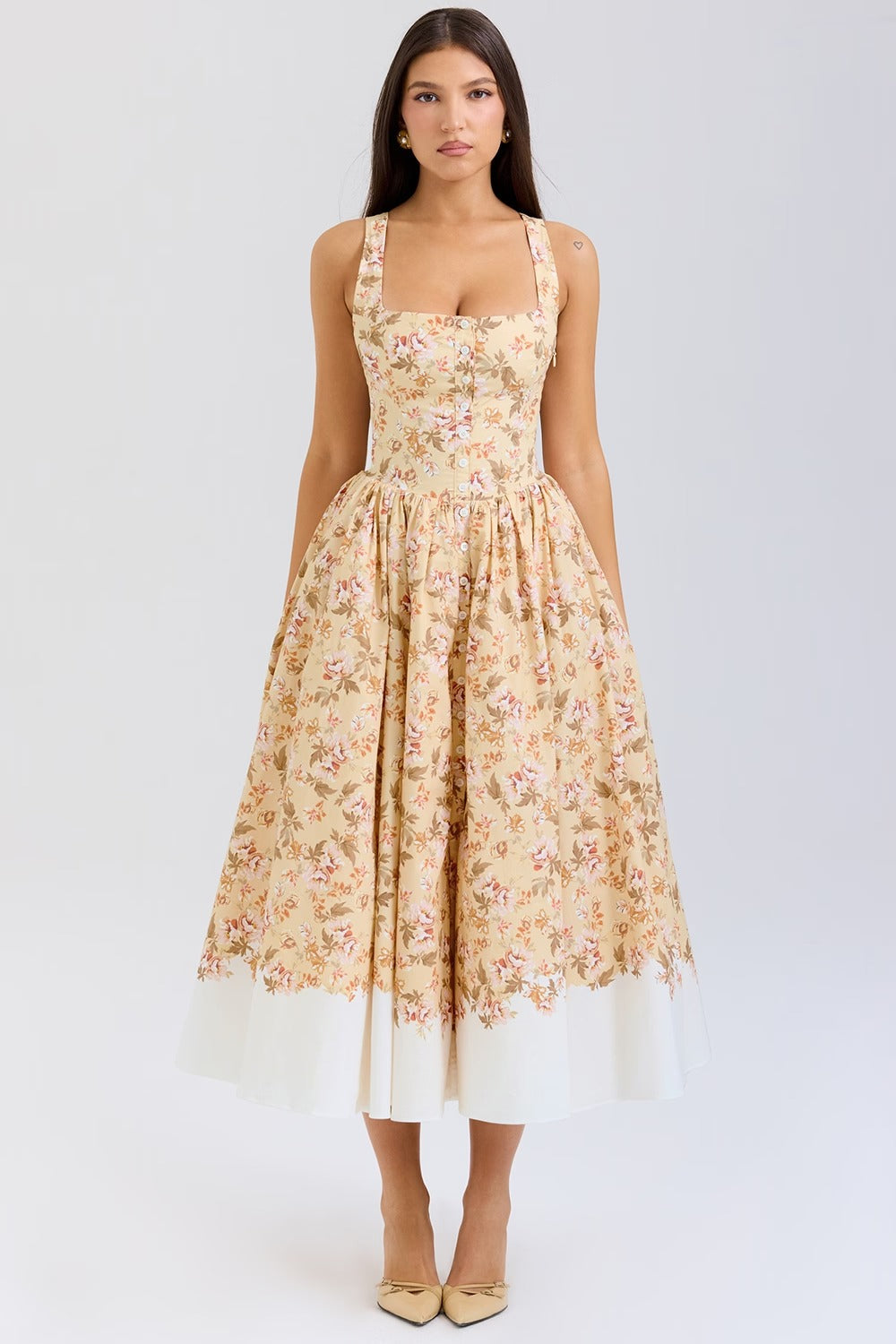 Flower Print Gathered Cotton Midi Dress