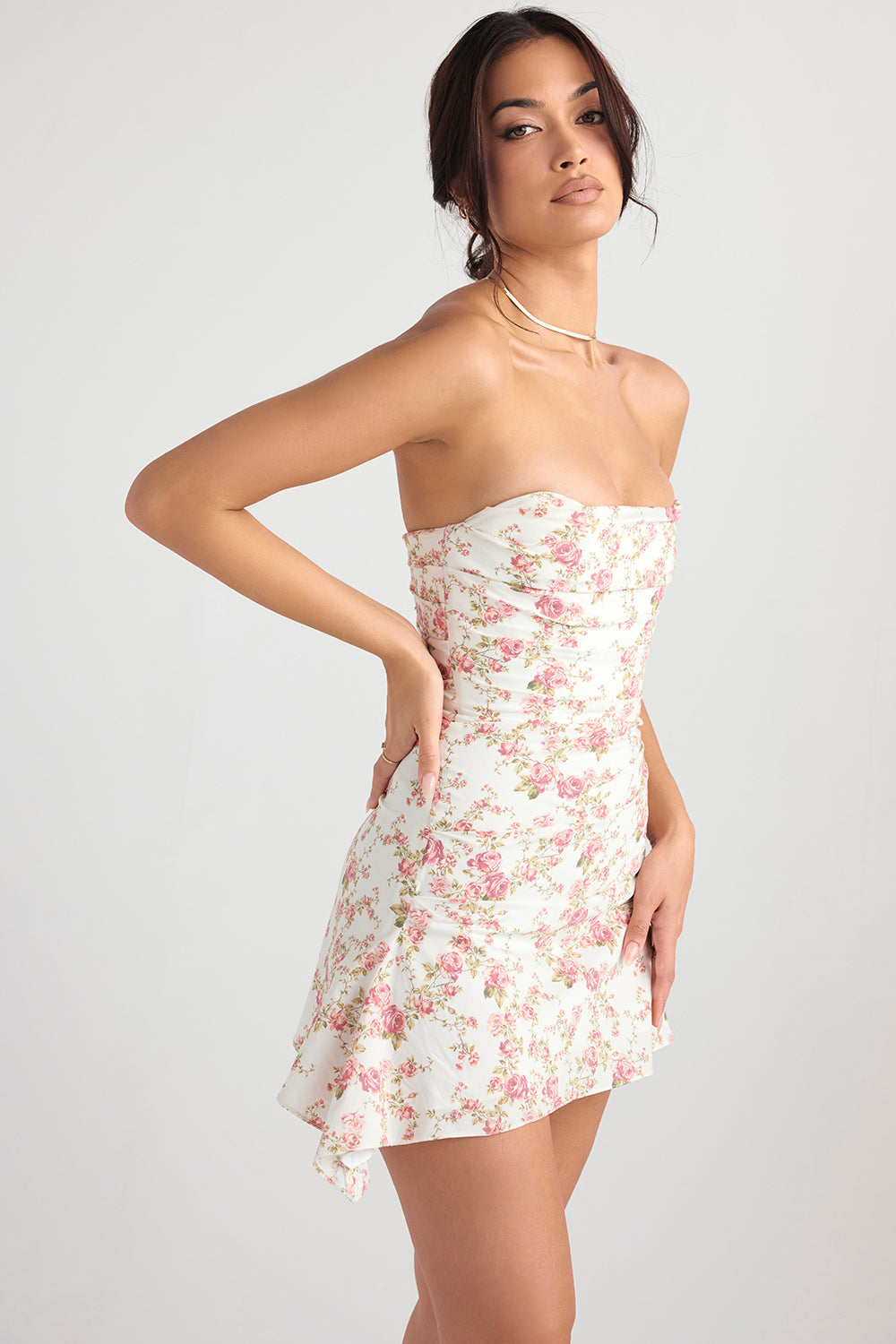 Draped corset dress with rose print