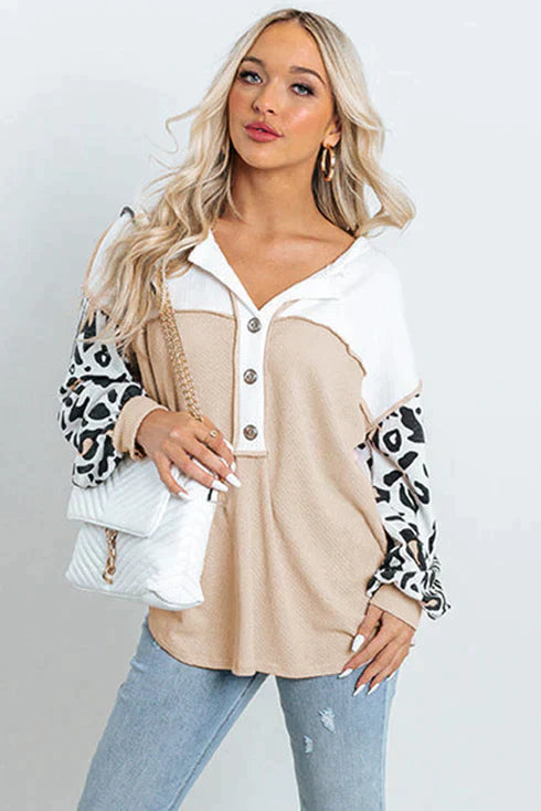 Patchwork waffle knit top with leopard sleeves
