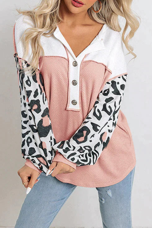 Patchwork waffle knit top with leopard sleeves