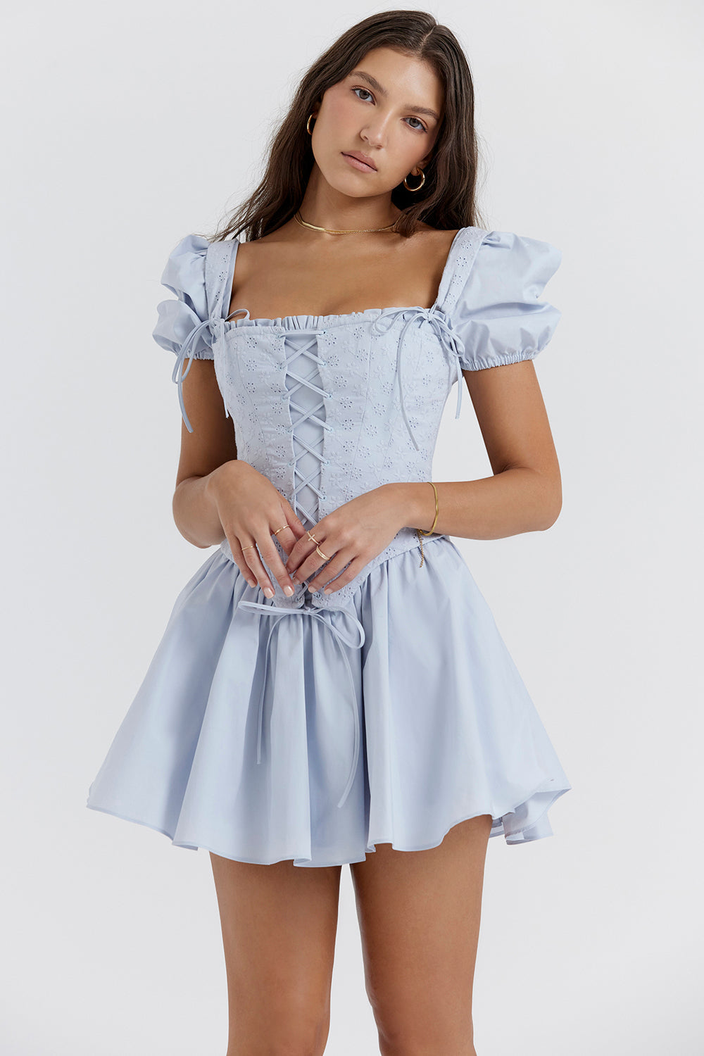 Soft blue corset mini dress with embroidery