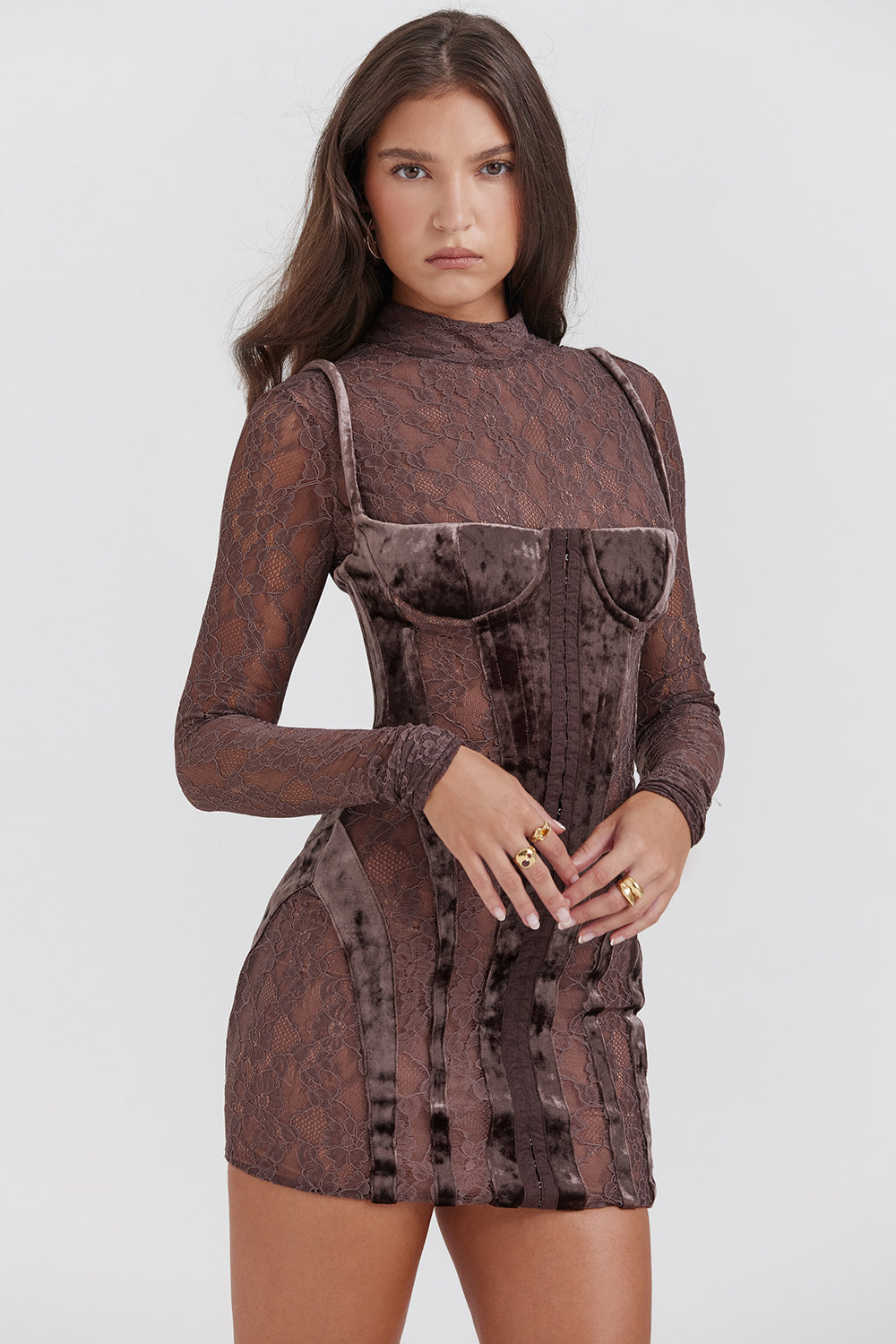 Brown velvet and lace corset dress