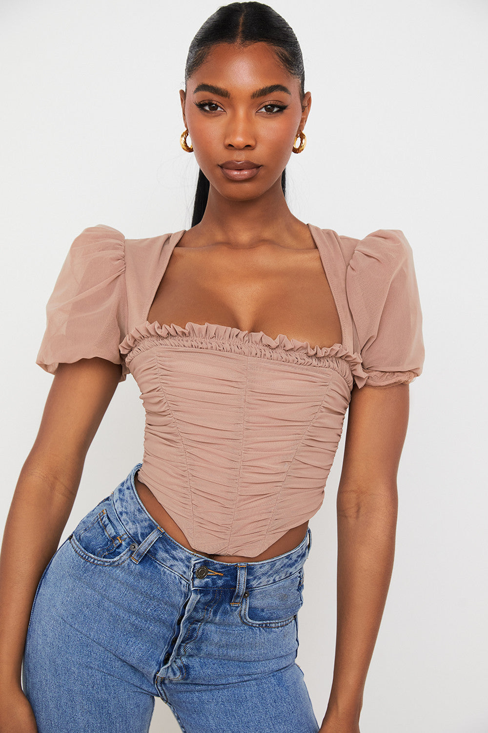 Brown mesh corset with puff sleeves and pleats