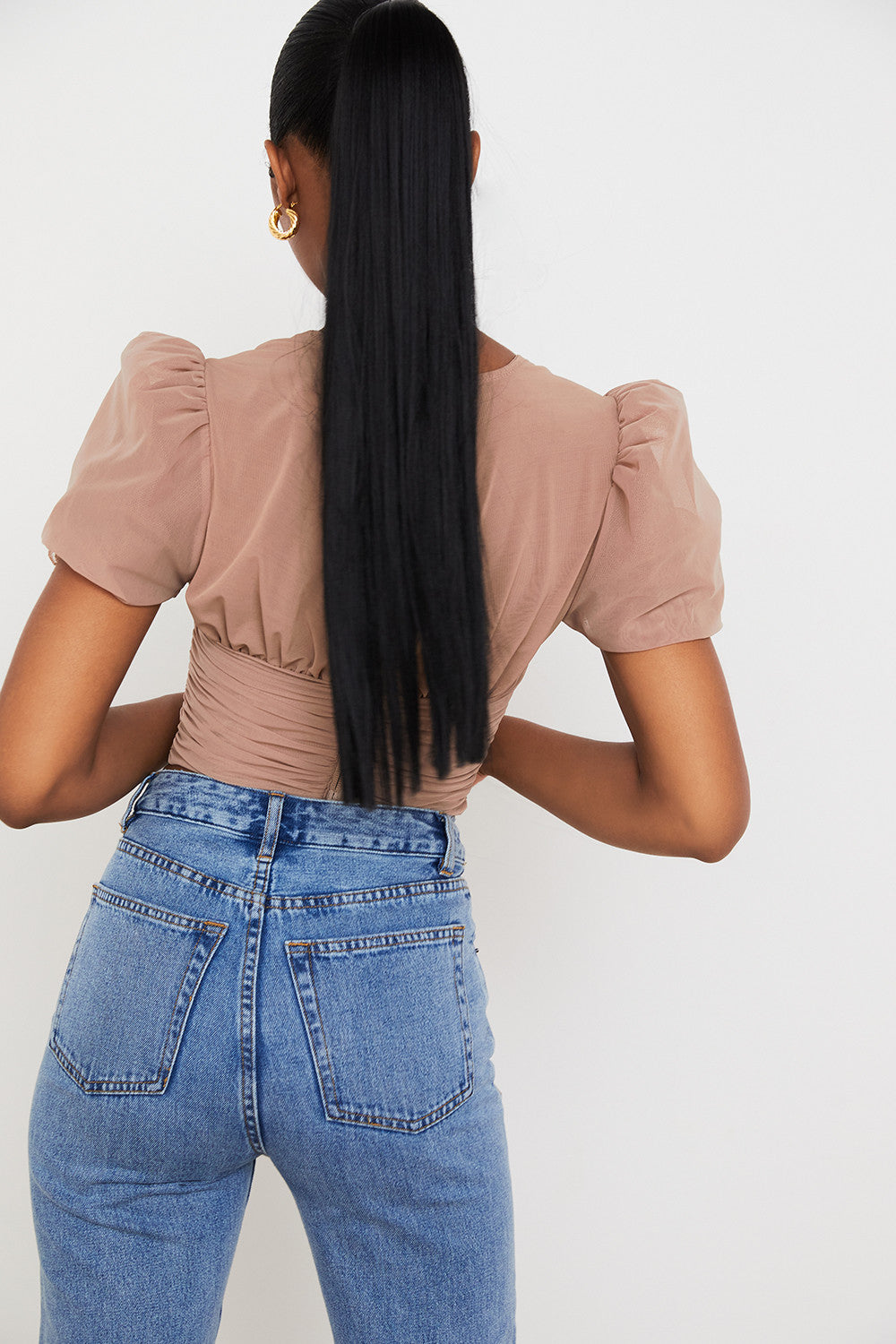 Brown mesh corset with puff sleeves and pleats