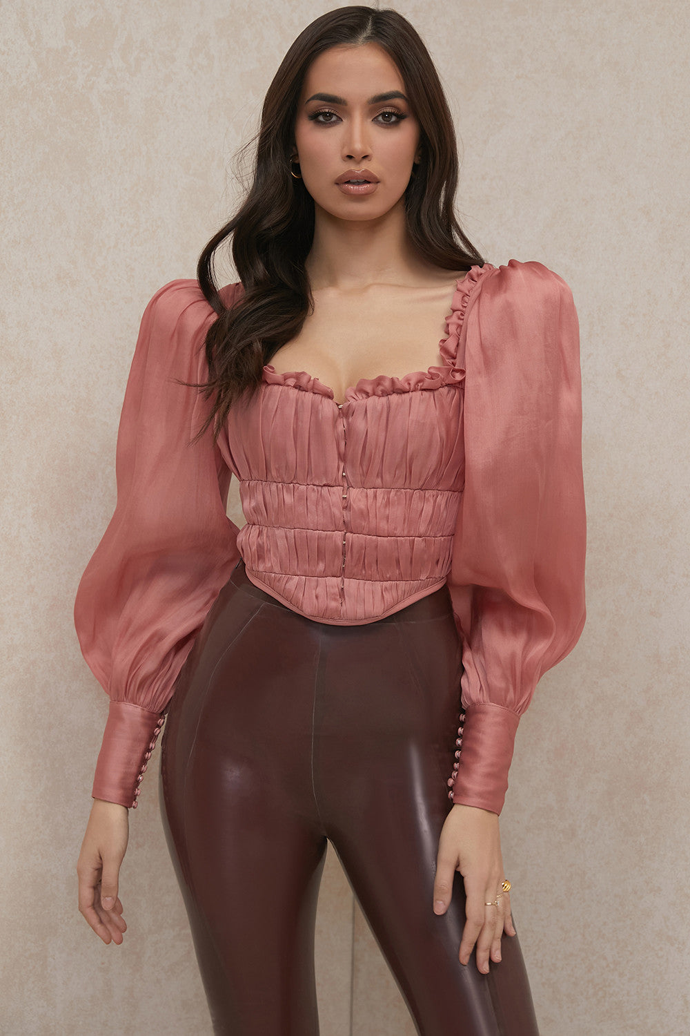 Rouge organza corset with ruffles