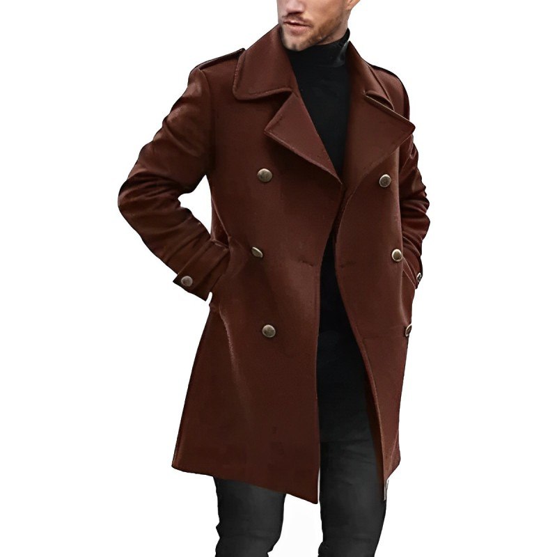 Medium length men's coat with double breasted buttons and lapels