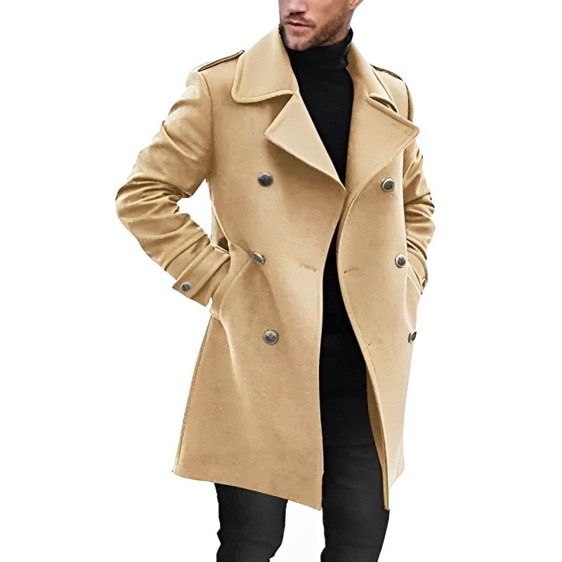 Medium length men's coat with double breasted buttons and lapels