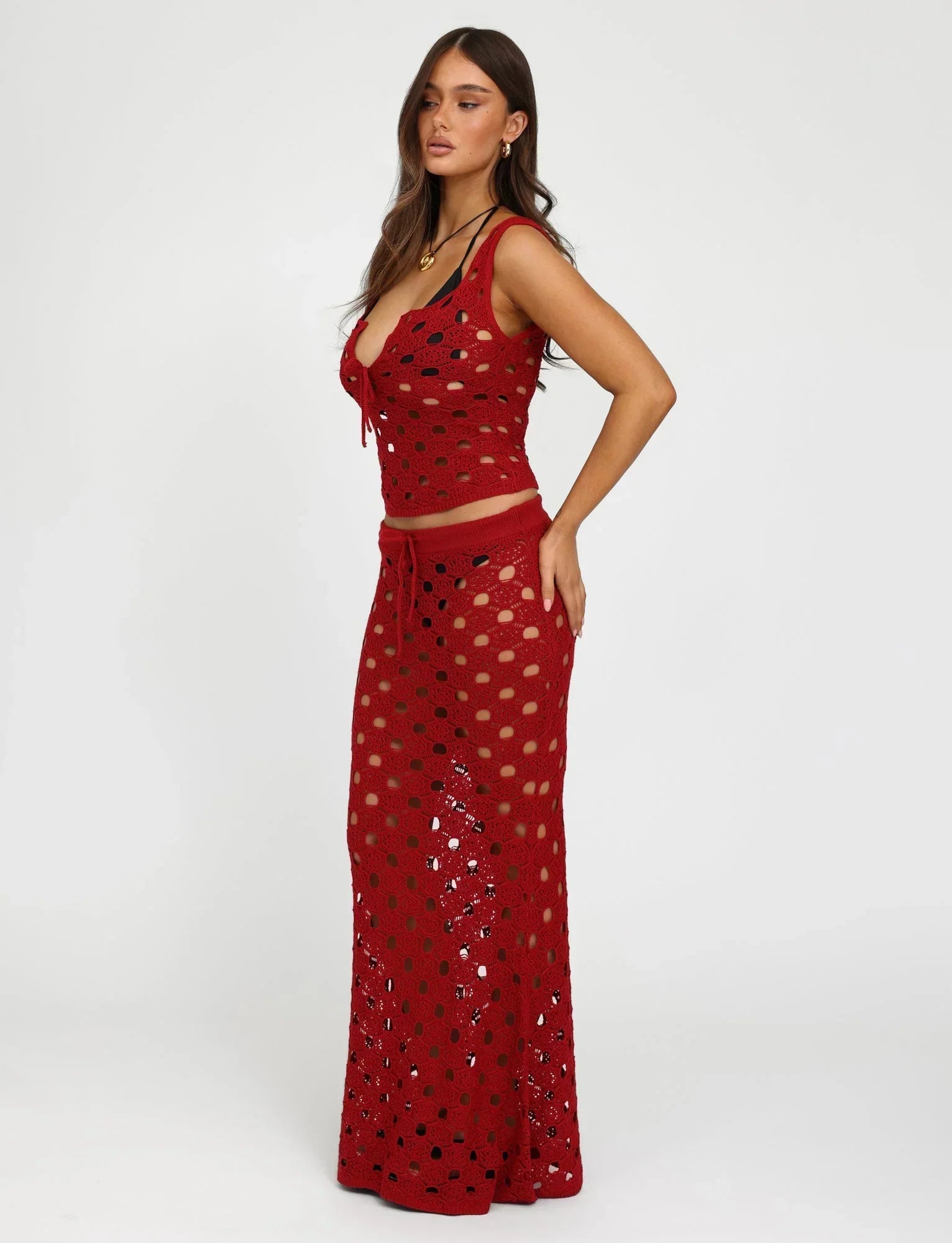 Open Knit Pattern Maxi Skirt With Top Set