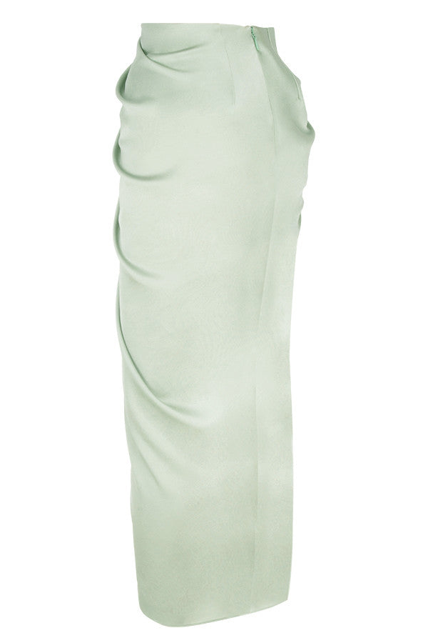 Deep-cut blouson top in silky satin with draped skirt