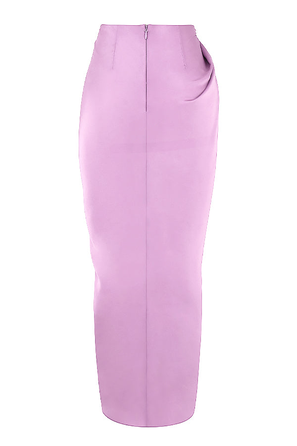 Deep-cut blouson top in silky satin with draped skirt