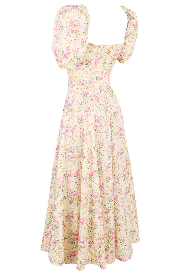 Midi sundress with floral puff sleeves