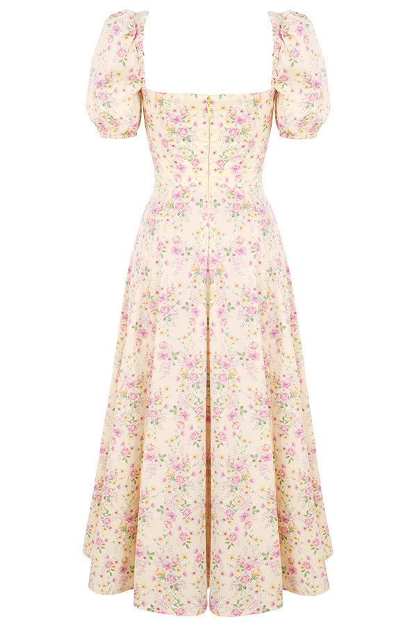 Midi sundress with floral puff sleeves
