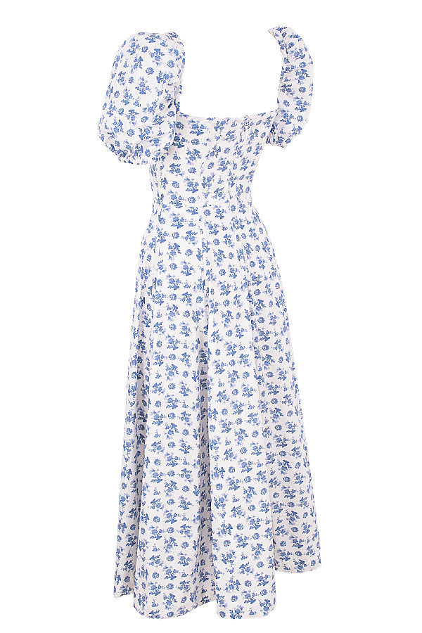 Midi sundress with floral puff sleeves