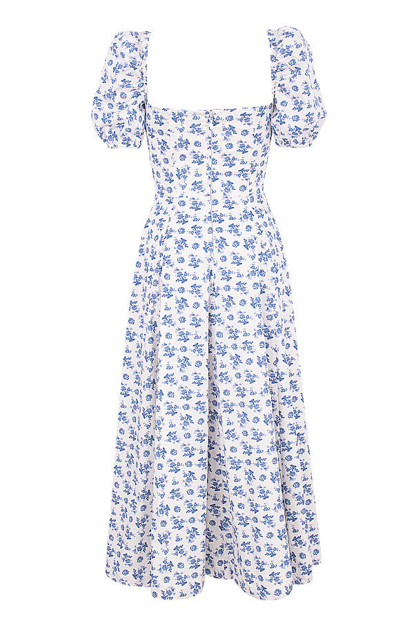 Midi sundress with floral puff sleeves