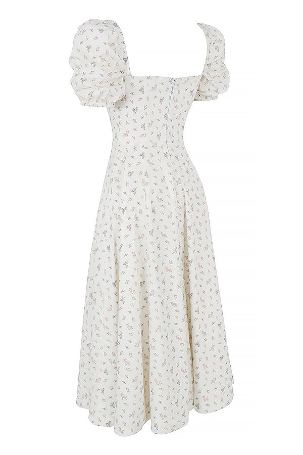Midi sundress with floral puff sleeves