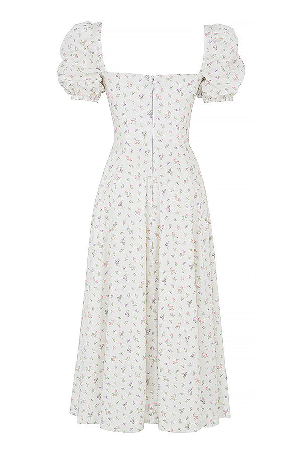 Midi sundress with floral puff sleeves