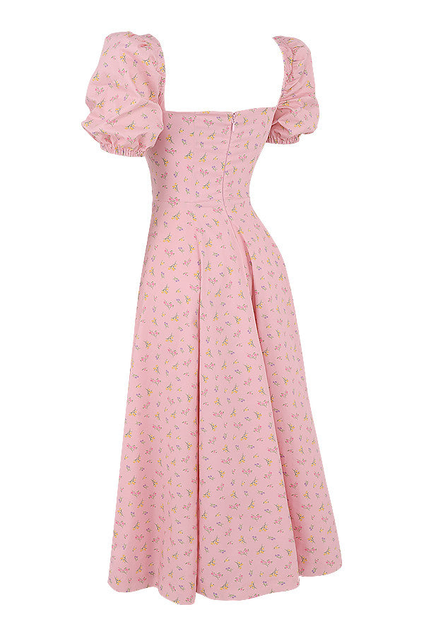 Midi sundress with floral puff sleeves