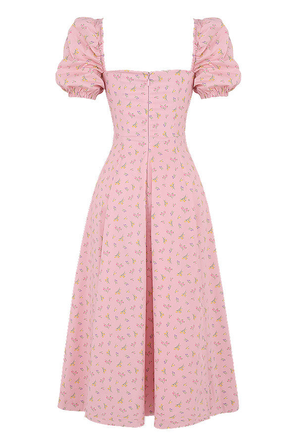 Midi sundress with floral puff sleeves