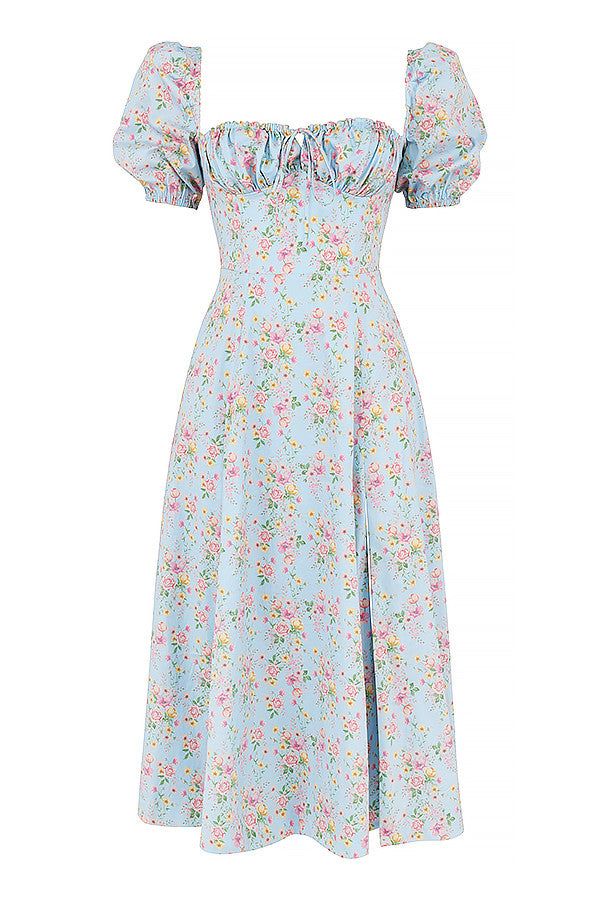 Midi sundress with floral puff sleeves