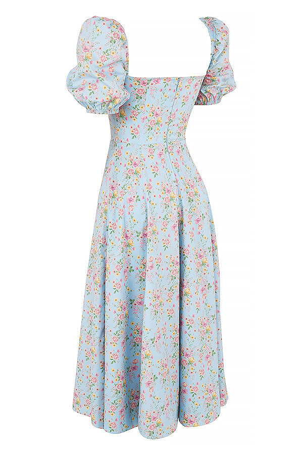 Midi sundress with floral puff sleeves