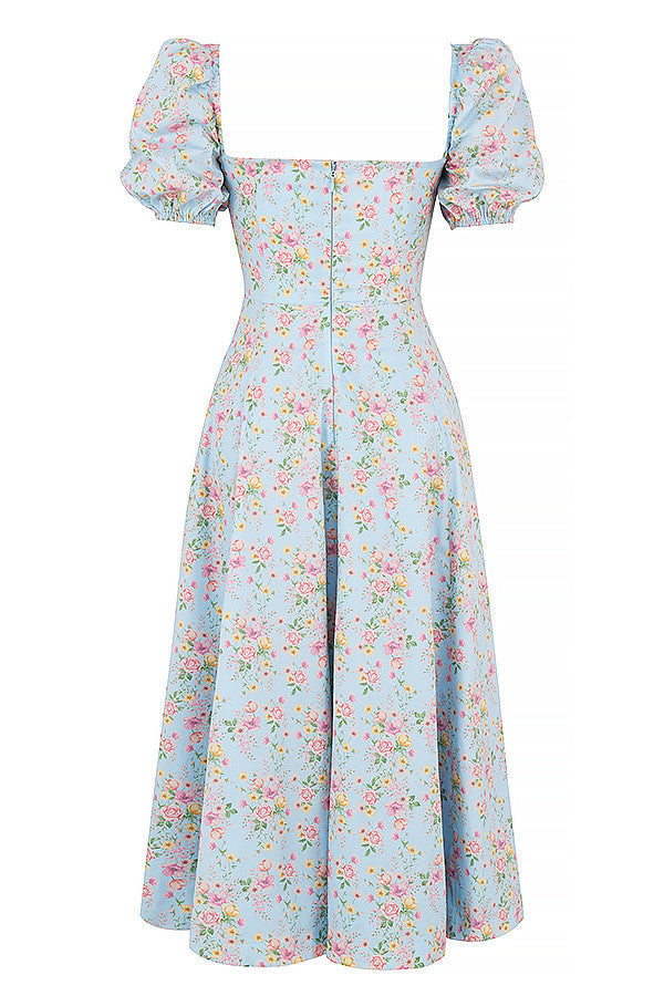 Midi sundress with floral puff sleeves