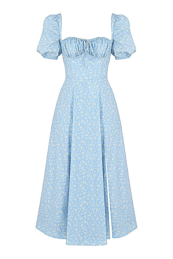 Midi sundress with floral puff sleeves