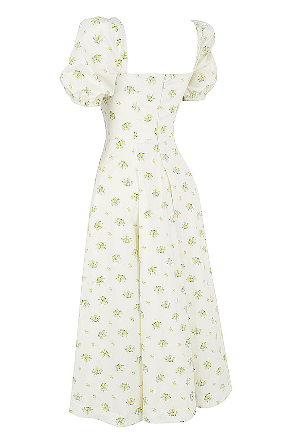 Midi sundress with floral puff sleeves