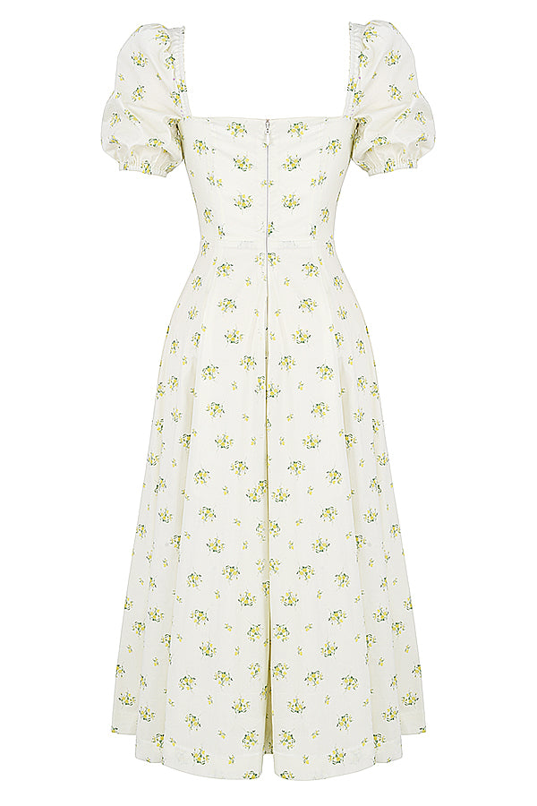 Midi sundress with floral puff sleeves