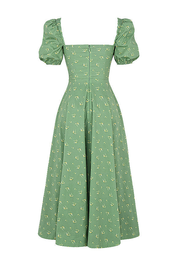 Midi sundress with floral puff sleeves