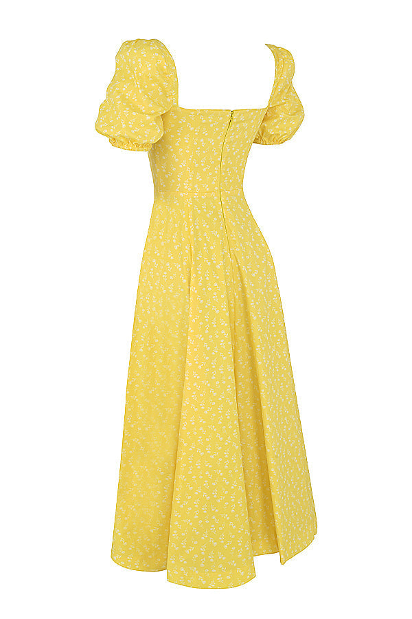 Midi sundress with floral puff sleeves