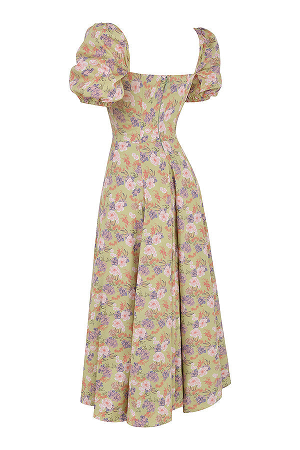 Midi sundress with floral puff sleeves