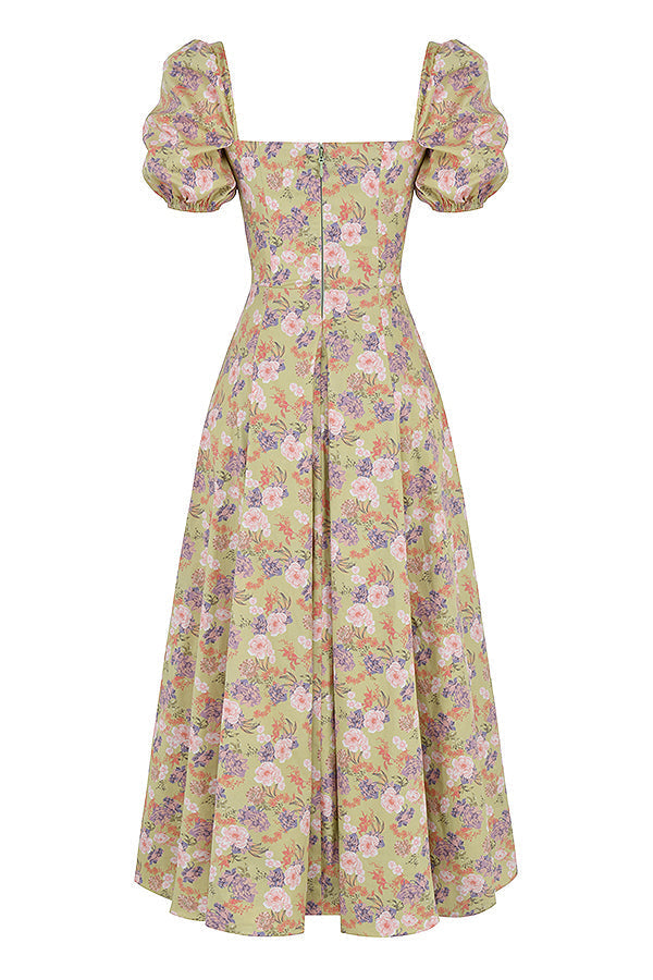 Midi sundress with floral puff sleeves