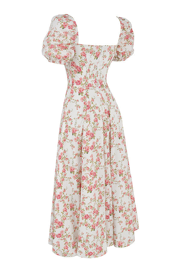 Midi sundress with floral puff sleeves
