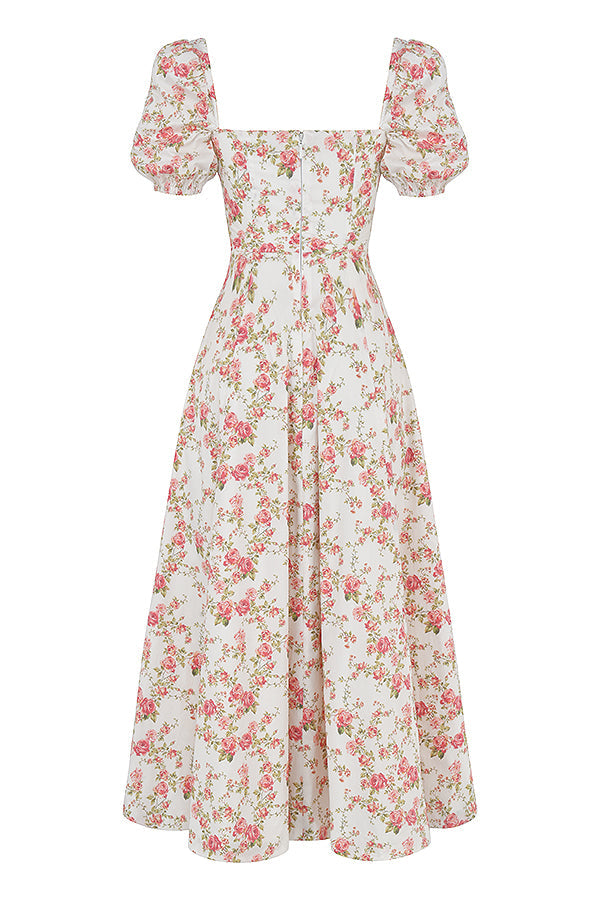 Midi sundress with floral puff sleeves