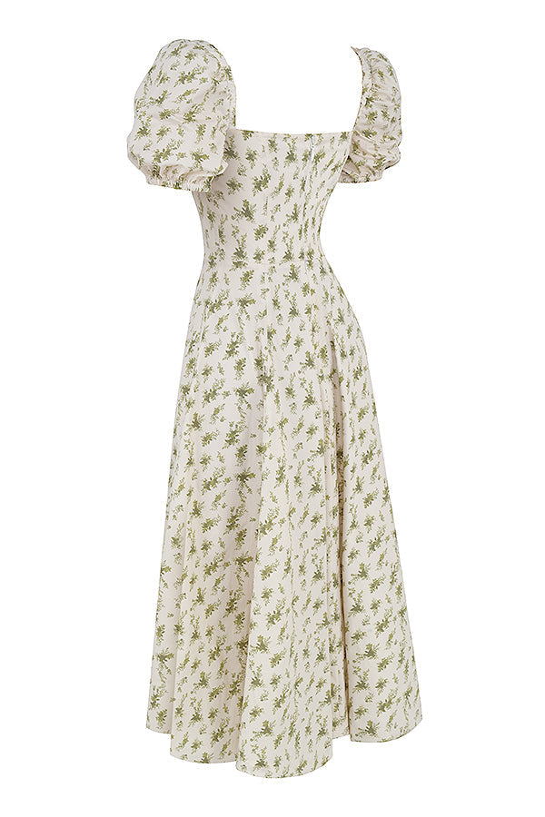 Midi sundress with floral puff sleeves