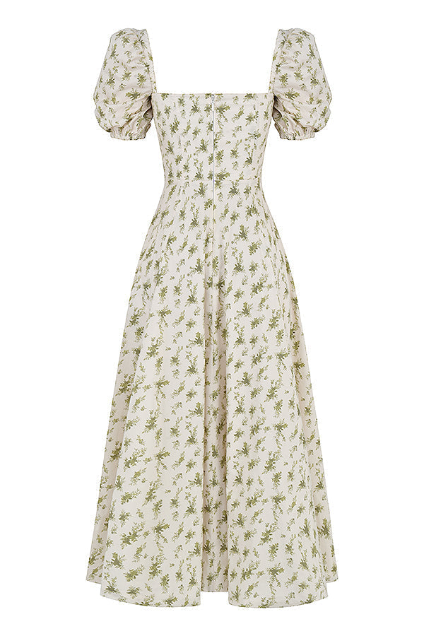 Midi sundress with floral puff sleeves