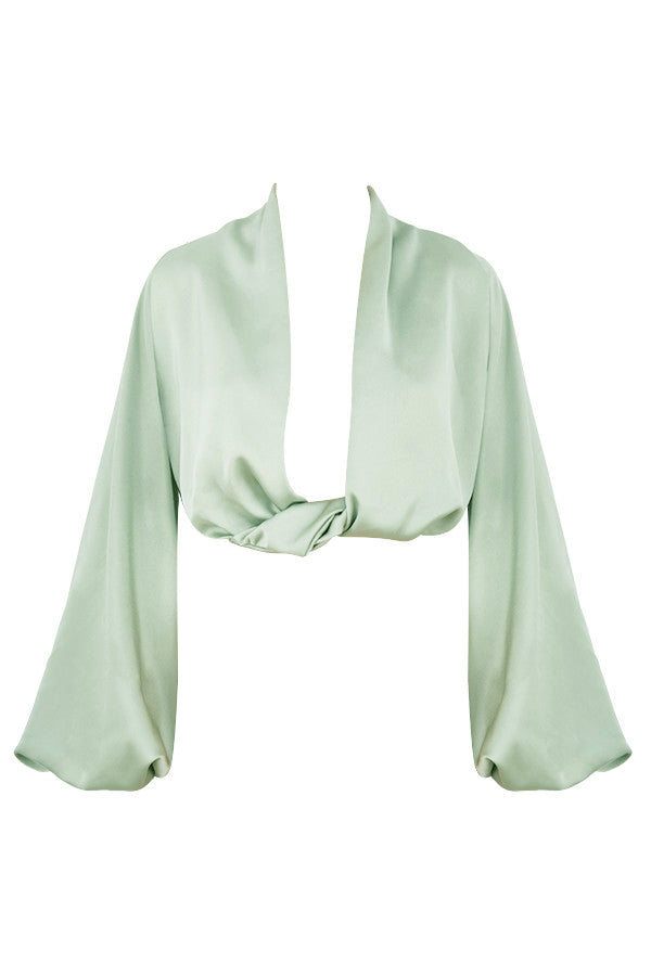 Deep-cut blouson top in silky satin with draped skirt